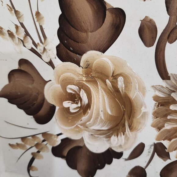 Hand-Painted Vintage Floral Tole Tray With Brown & Cream Flowers Rectangular Met - Picture 3 of 4